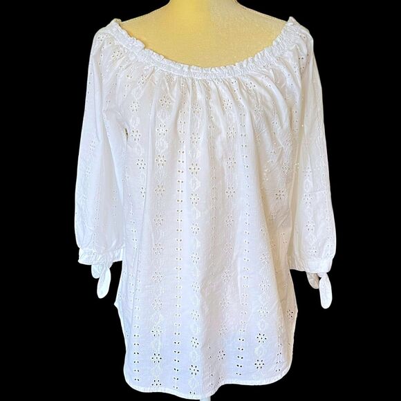 Westport Eyelet Blouse Off Shoulder 3/4 Sleeve White Top Women's Size L Summer - Picture 1 of 13